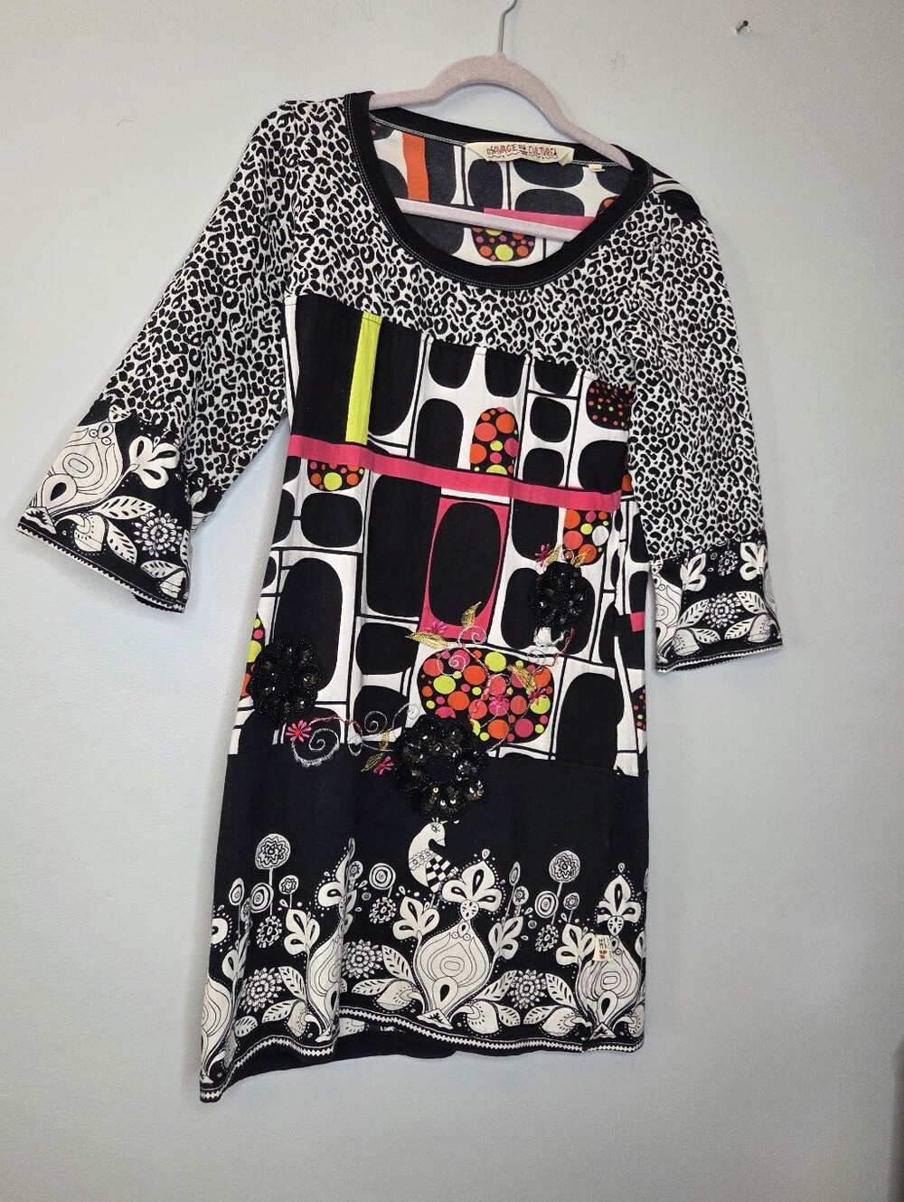 Salvage Culture B&W  Patterned Dress w/ Neon Pink & Yellow Accents, Sz M